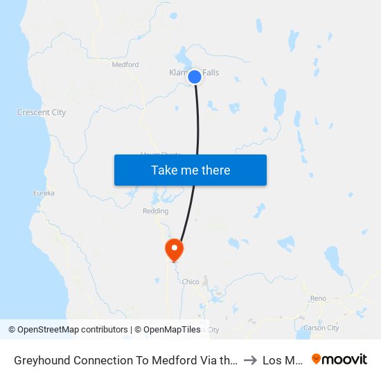 Greyhound Connection To Medford Via the Shuttle Klamath Falls + Amtrak Klamath Falls Rail Station (Kfs) to Los Molinos CA USA map