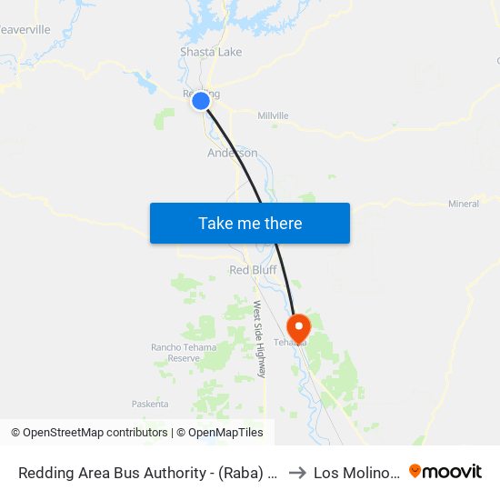 Redding Area Bus Authority - (Raba) Downtown Transit Center to Los Molinos CA USA map