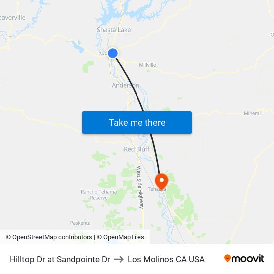 Hilltop Dr at Sandpointe Dr to Los Molinos CA USA map