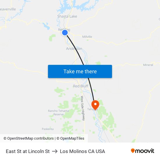 East St at Lincoln St to Los Molinos CA USA map