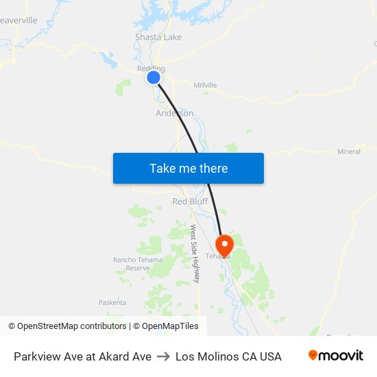Parkview Ave at Akard Ave to Los Molinos CA USA map