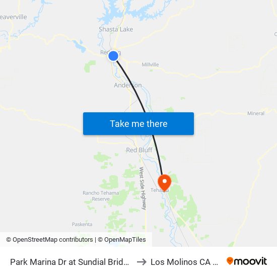 Park Marina Dr at Sundial Bridge Dr to Los Molinos CA USA map