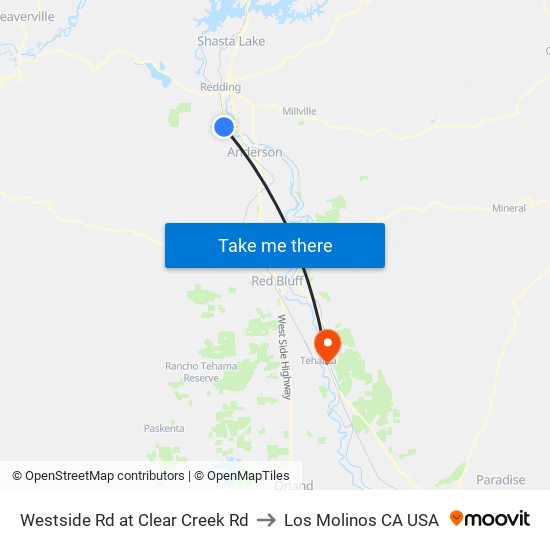 Westside Rd at Clear Creek Rd to Los Molinos CA USA map