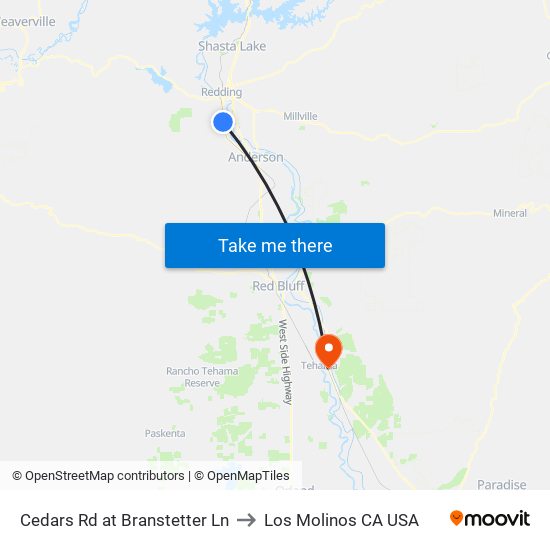 Cedars Rd at Branstetter Ln to Los Molinos CA USA map