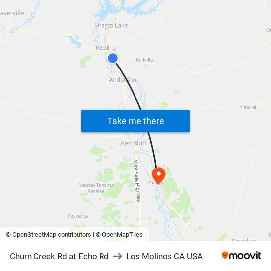 Churn Creek Rd at Echo Rd to Los Molinos CA USA map