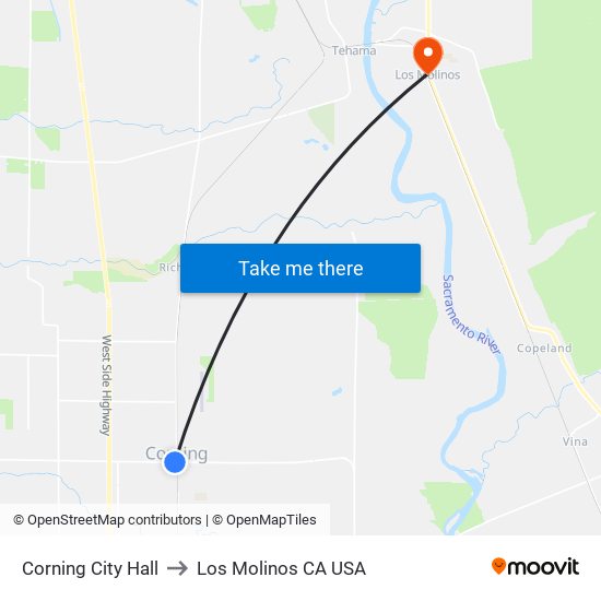 Corning City Hall to Los Molinos CA USA map