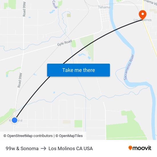 99w & Sonoma to Los Molinos CA USA map