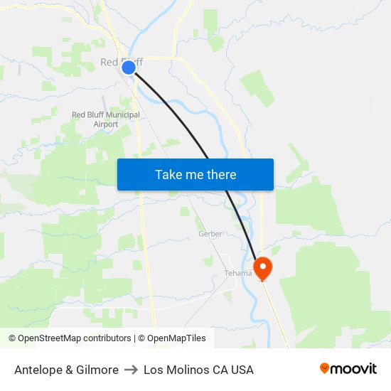 Antelope & Gilmore to Los Molinos CA USA map