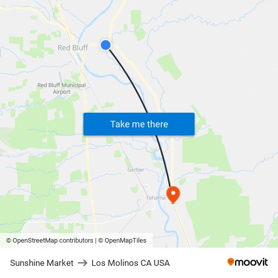 Sunshine Market to Los Molinos CA USA map