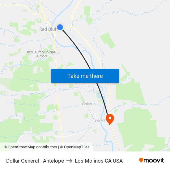 Dollar General - Antelope to Los Molinos CA USA map