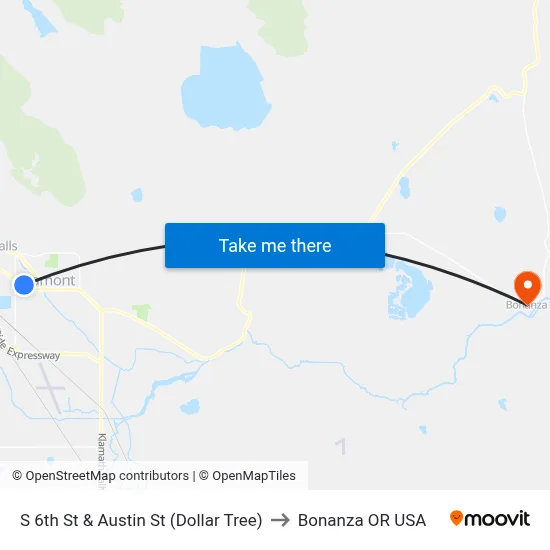 S 6th St & Austin St (Dollar Tree) to Bonanza OR USA map