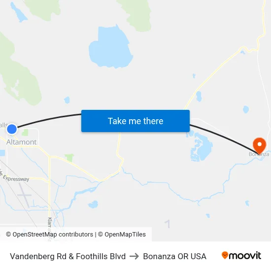 Vandenberg Rd & Foothills Blvd to Bonanza OR USA map