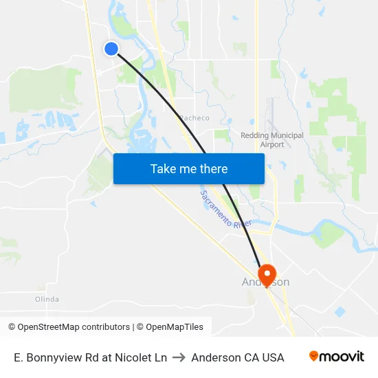 E. Bonnyview Rd at Nicolet Ln to Anderson CA USA map
