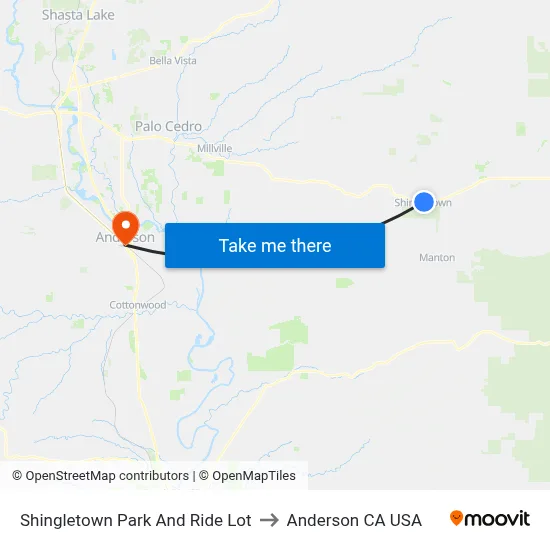Shingletown Park And Ride Lot to Anderson CA USA map