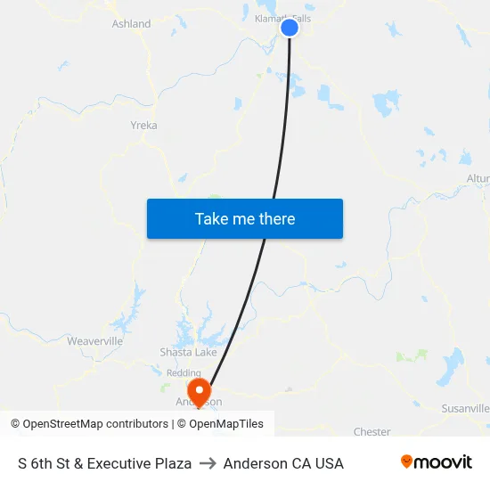 S 6th St & Executive Plaza to Anderson CA USA map