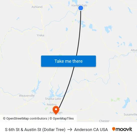 S 6th St & Austin St (Dollar Tree) to Anderson CA USA map