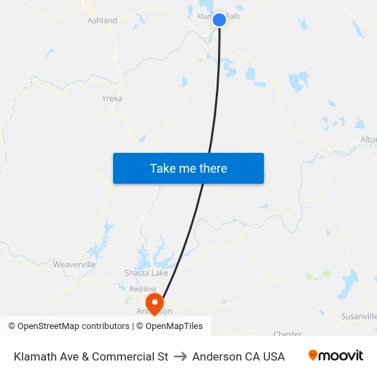 Klamath Ave & Commercial St to Anderson CA USA map