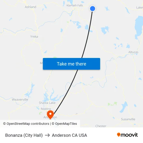 Bonanza (City Hall) to Anderson CA USA map
