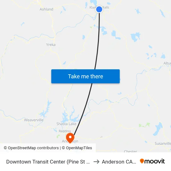 Downtown Transit Center (Pine St & 7th St) to Anderson CA USA map