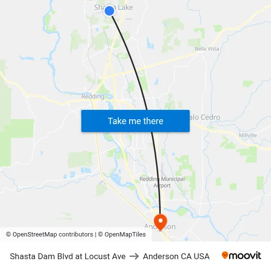 Shasta Dam Blvd at Locust Ave to Anderson CA USA map