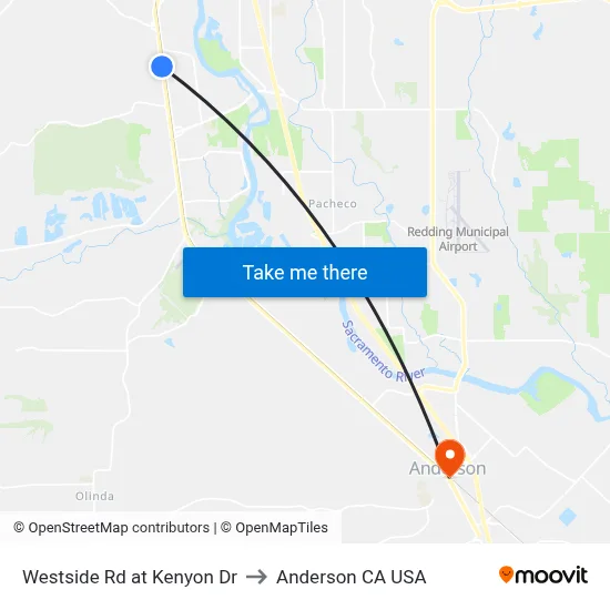 Westside Rd at Kenyon Dr to Anderson CA USA map