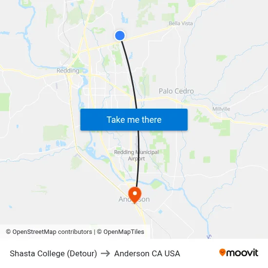 Shasta College (Detour) to Anderson CA USA map