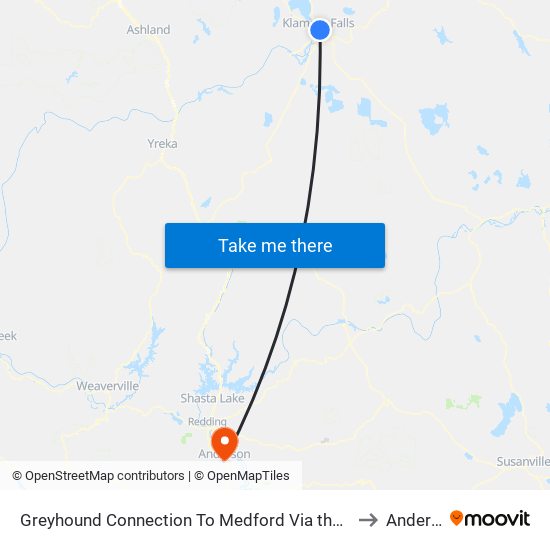 Greyhound Connection To Medford Via the Shuttle Klamath Falls + Amtrak Klamath Falls Rail Station (Kfs) to Anderson CA USA map