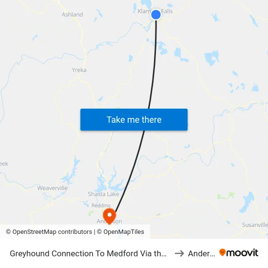 Greyhound Connection To Medford Via the Shuttle Klamath Falls + Amtrak Klamath Falls Rail Station (Kfs) to Anderson CA USA map