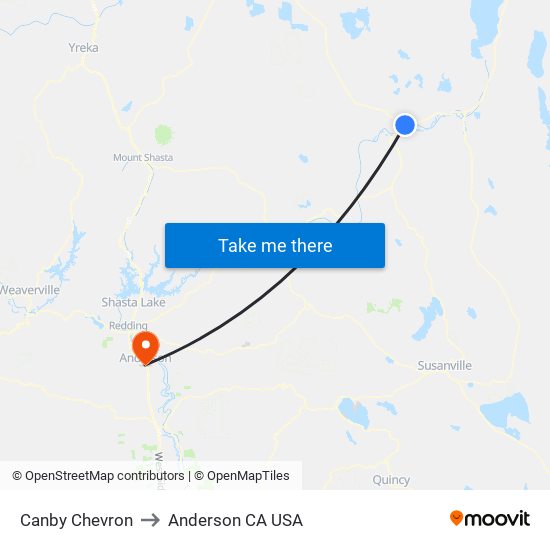 Canby Chevron to Anderson CA USA map