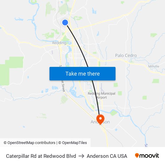 Caterpillar Rd at Redwood Blvd to Anderson CA USA map