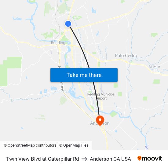 Twin View Blvd at Caterpillar Rd to Anderson CA USA map