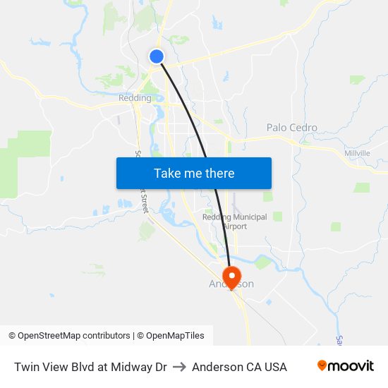 Twin View Blvd at Midway Dr to Anderson CA USA map