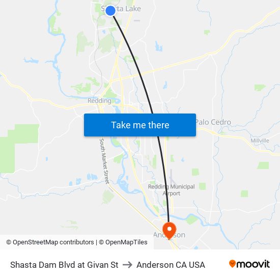 Shasta Dam Blvd at Givan St to Anderson CA USA map