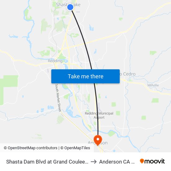 Shasta Dam Blvd at Grand Coulee Blvd to Anderson CA USA map