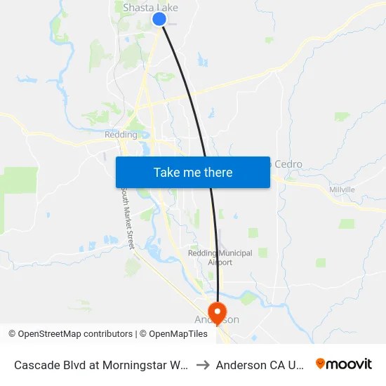 Cascade Blvd at Morningstar Way to Anderson CA USA map