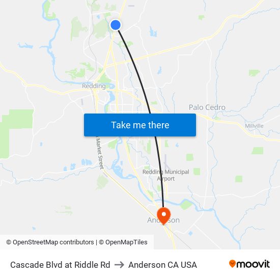 Cascade Blvd at Riddle Rd to Anderson CA USA map