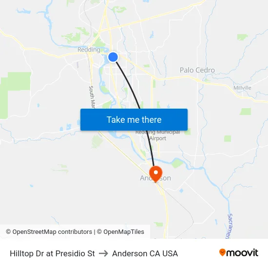 Hilltop Dr at Presidio St to Anderson CA USA map