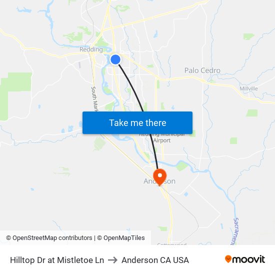 Hilltop Dr at Mistletoe Ln to Anderson CA USA map