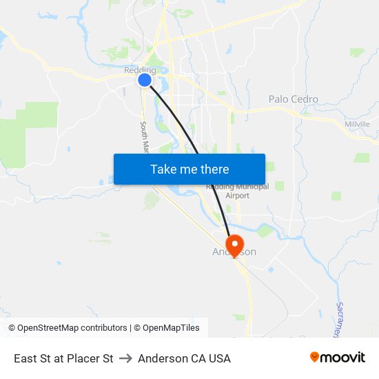 East St at Placer St to Anderson CA USA map