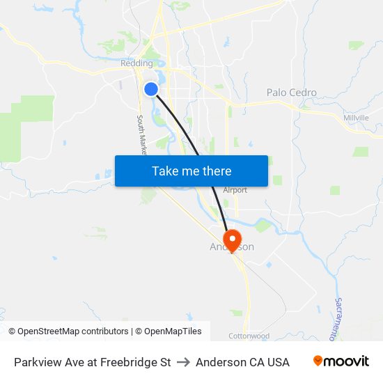 Parkview Ave at Freebridge St to Anderson CA USA map