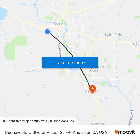 Buenaventura Blvd at Placer St to Anderson CA USA map