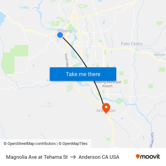 Magnolia Ave at Tehama St to Anderson CA USA map