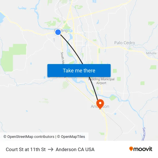 Court St at 11th St to Anderson CA USA map