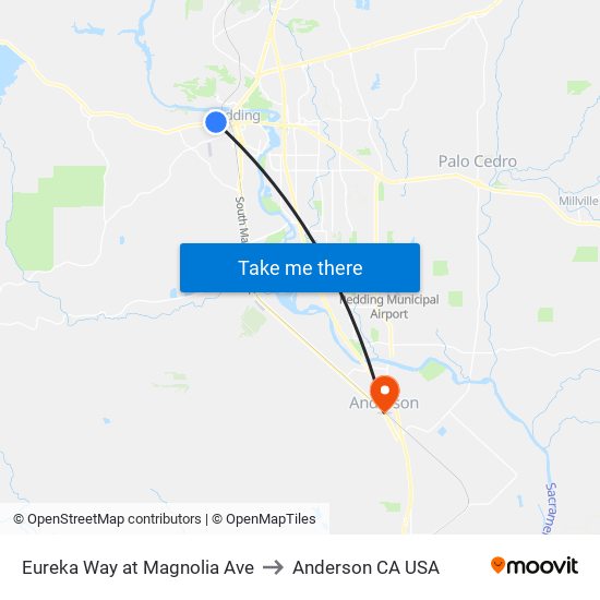 Eureka Way at Magnolia Ave to Anderson CA USA map