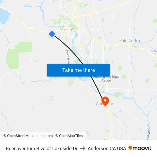 Buenaventura Blvd at Lakeside Dr to Anderson CA USA map