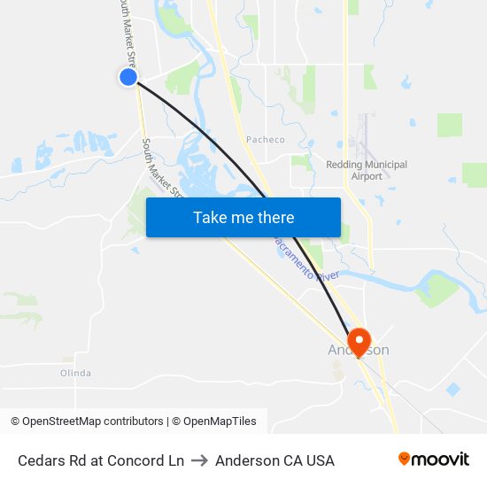 Cedars Rd at Concord Ln to Anderson CA USA map