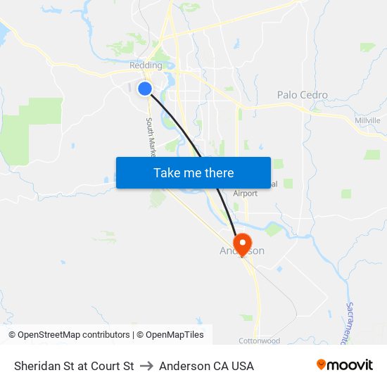 Sheridan St at Court St to Anderson CA USA map