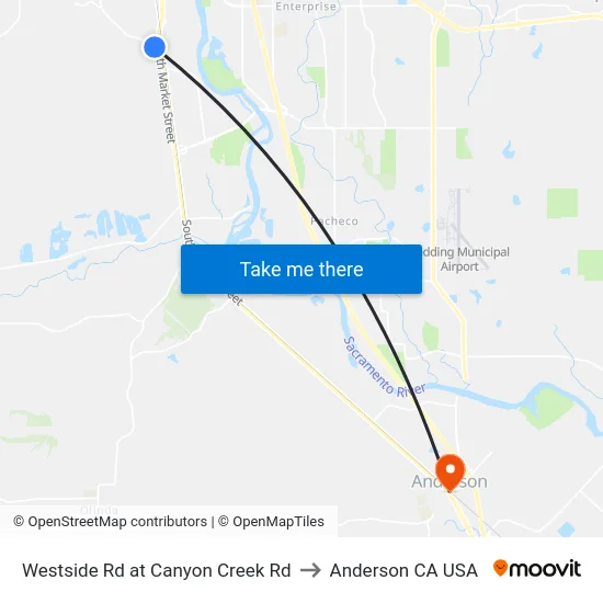 Westside Rd at Canyon Creek Rd to Anderson CA USA map