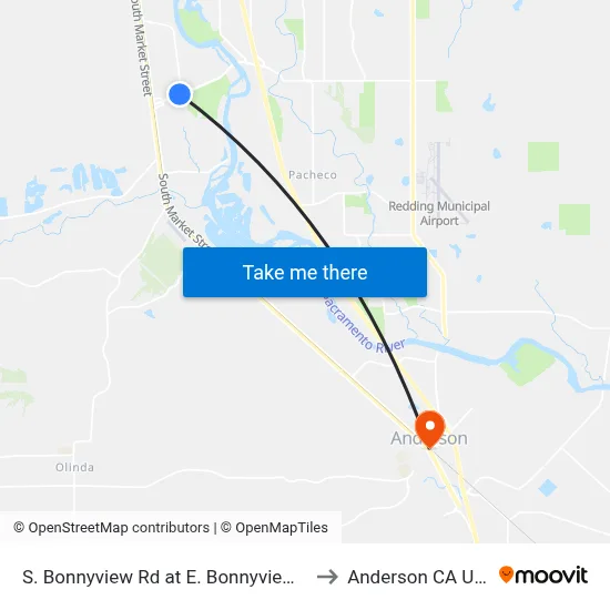 S. Bonnyview Rd at E. Bonnyview Rd to Anderson CA USA map