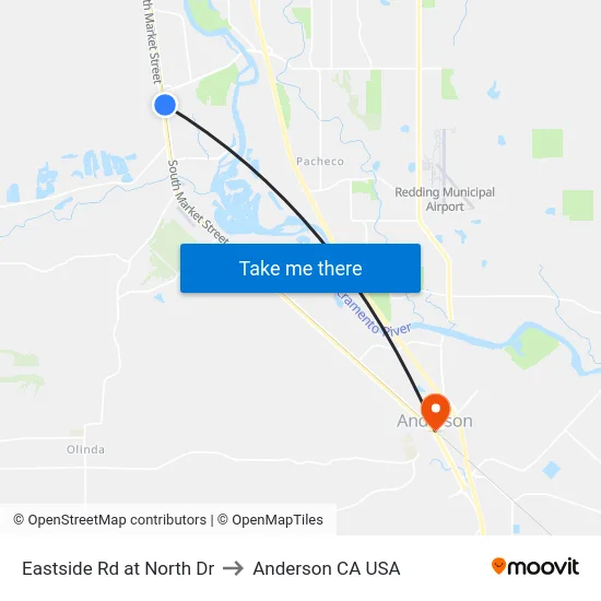 Eastside Rd at North Dr to Anderson CA USA map